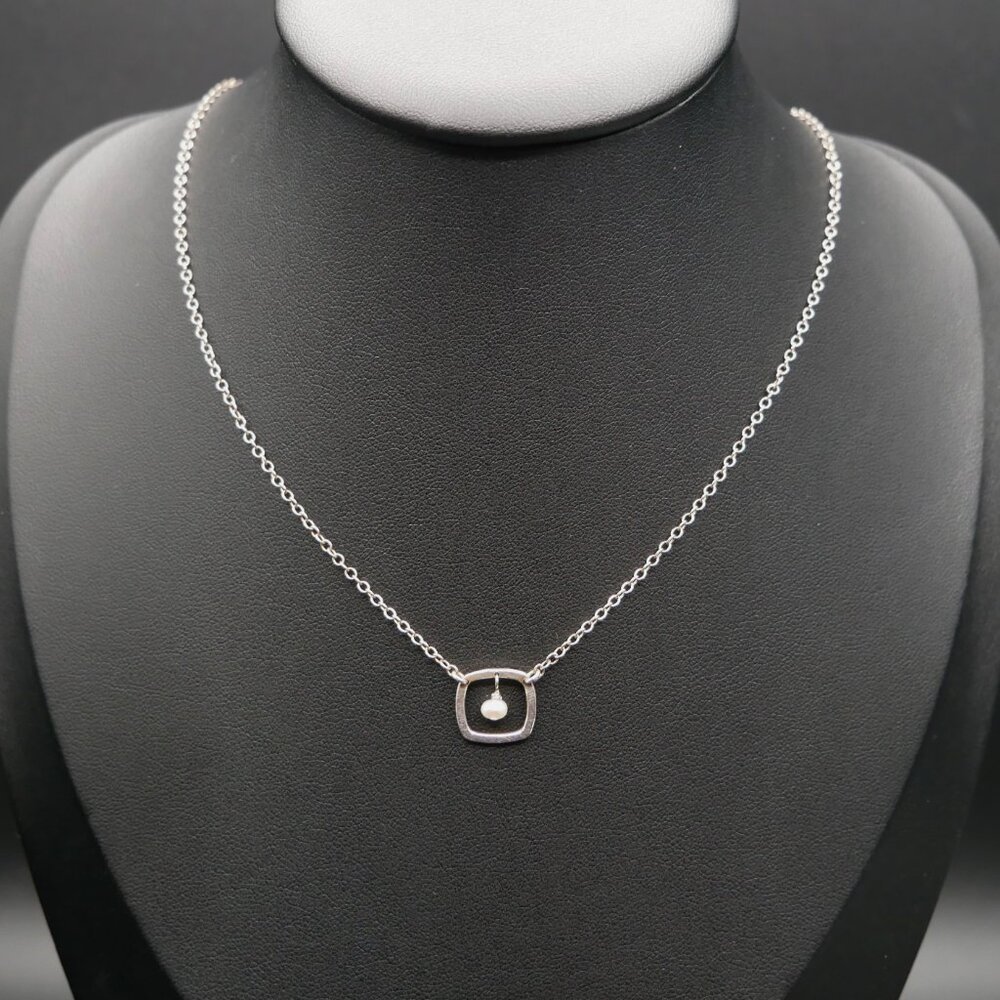 Artist Made Sterling Silver Minimalist Square Necklace with Dangling FW Pearl